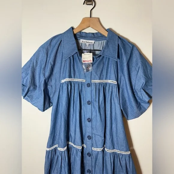En Saison Blue Tara Puff-Sleeve Babydoll Mini Shirtdress Sz Small NEW - Picture 6 of 13